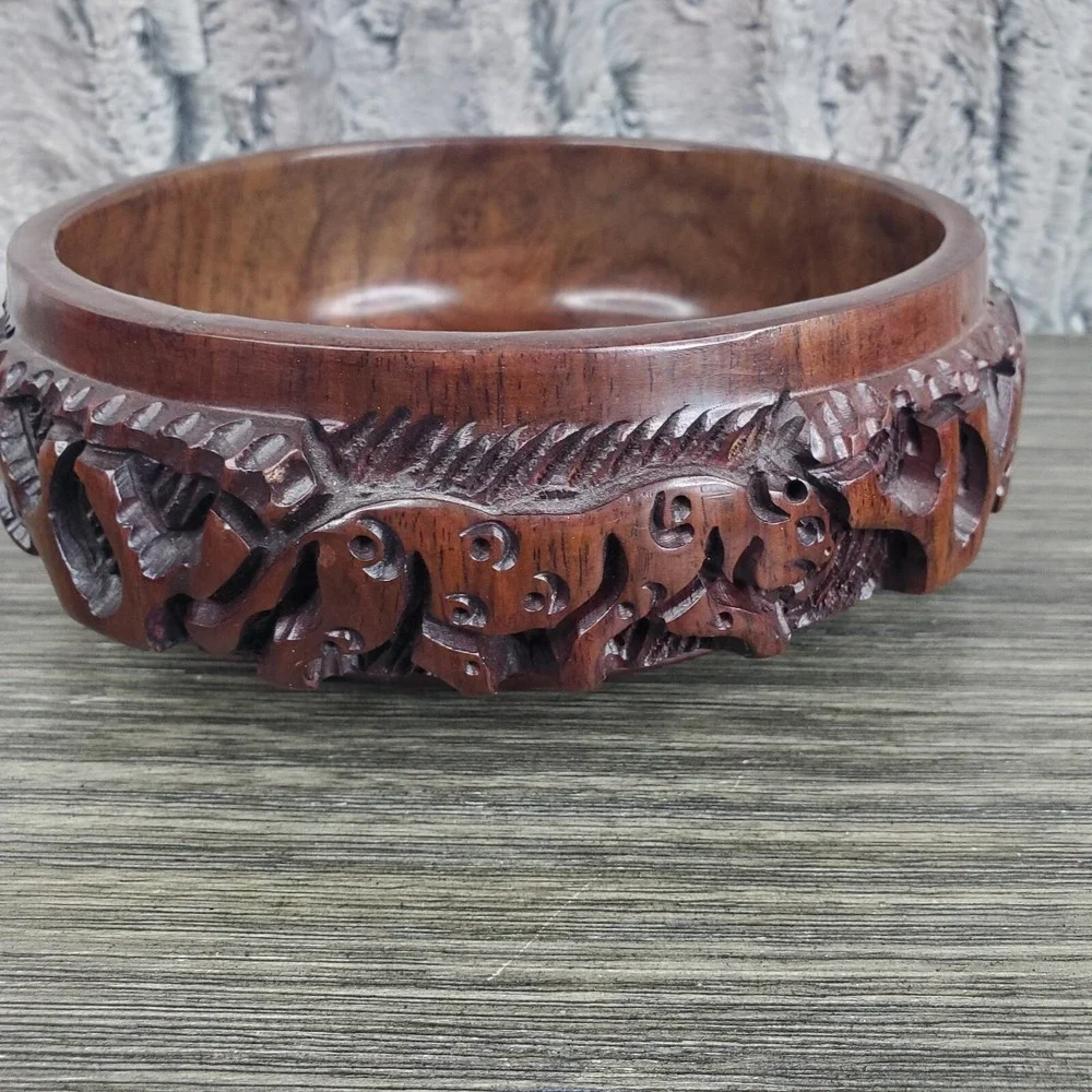 Detailed Craved Safari Jungle Animals Dark Rosewood‎ Thick Decorative Bowl 6.5